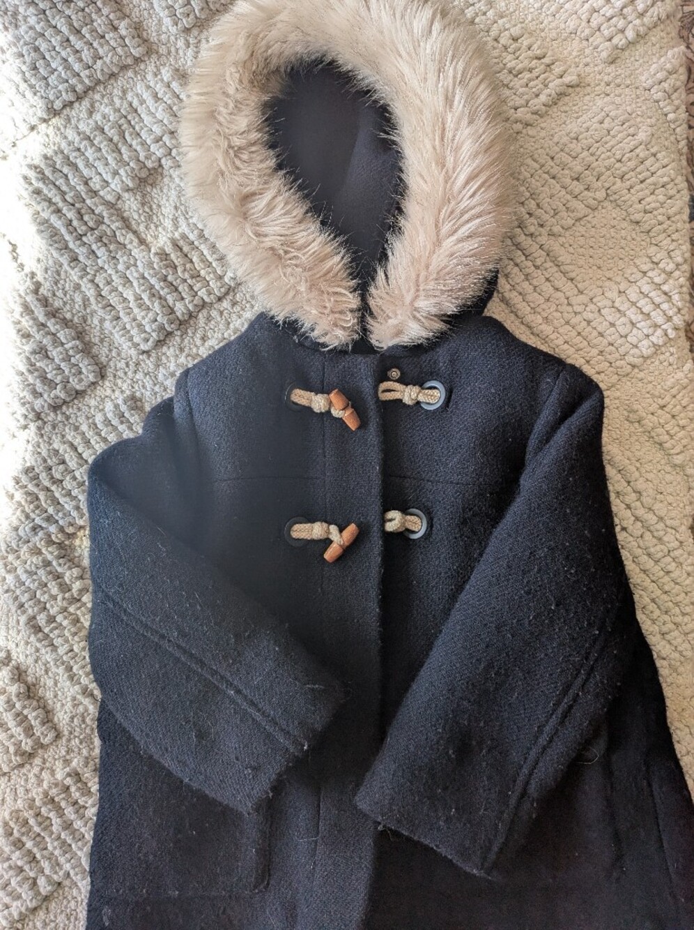 Zara Black Pea Coat with Faux Fur Trim and Toggle Closures